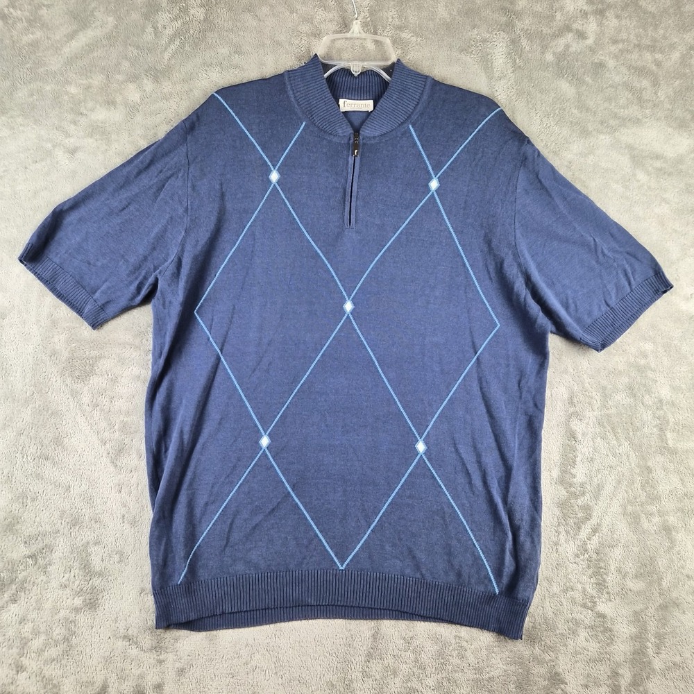Ferrante Argyle Sweater Mens Large Blue Quarter Zip Short Sleeve Made In Italy